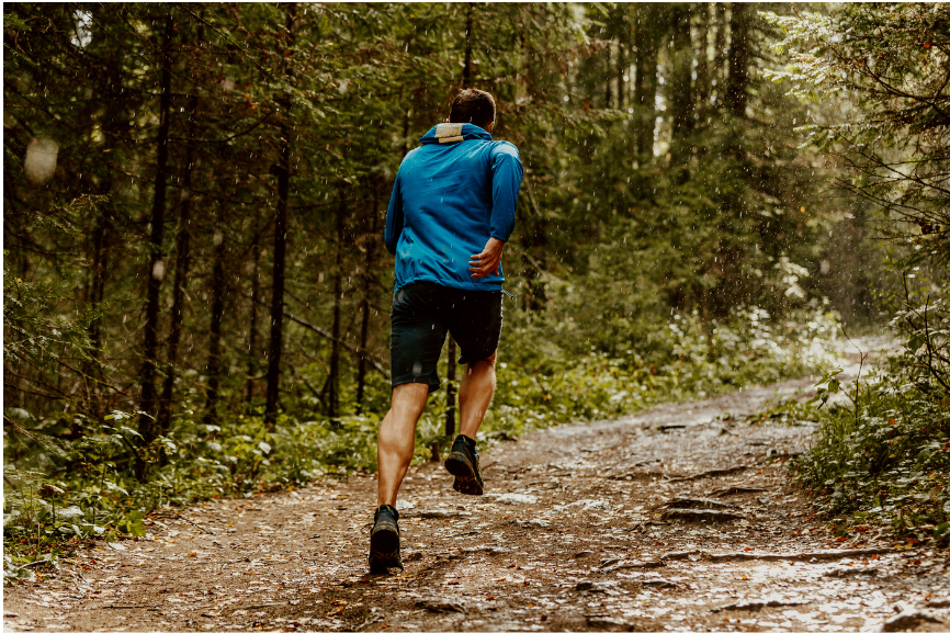 Man running in the woods in spring morning light